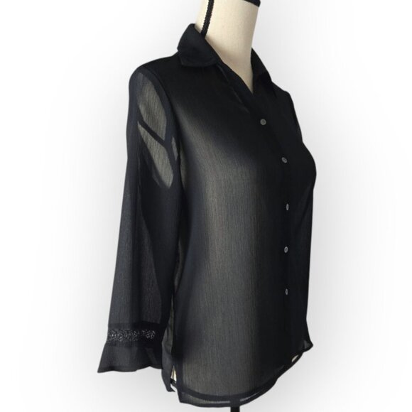 Liz Claiborne Lizsport Petite Black Organza Blouse Small - Picture 3 of 6